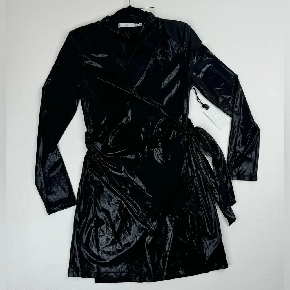 NWT ASTR The Cut Out Patent Long Sleeve Faux Wrap Mini Dress Small - Picture 13 of 16